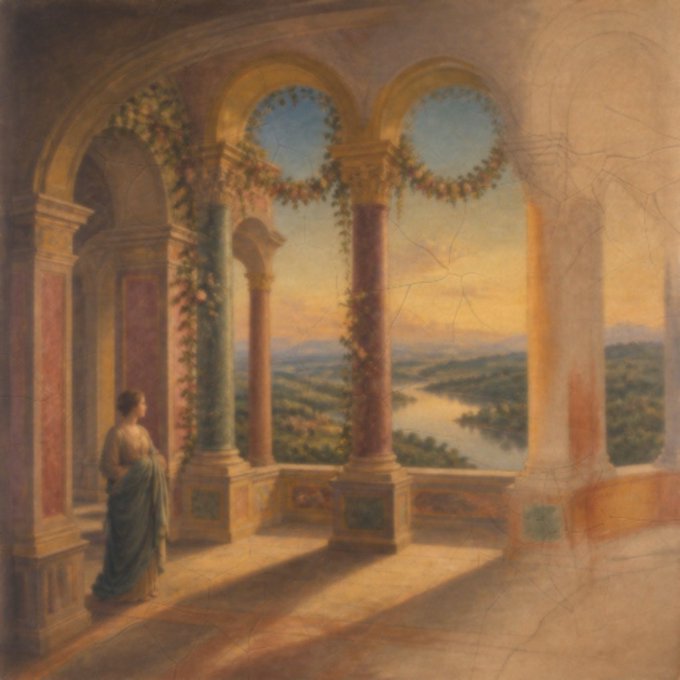 An oil painting depicts a woman in a flowing teal dress standing on a classical balcony with ornate columns and vines, overlooking a serene river valley at sunset.