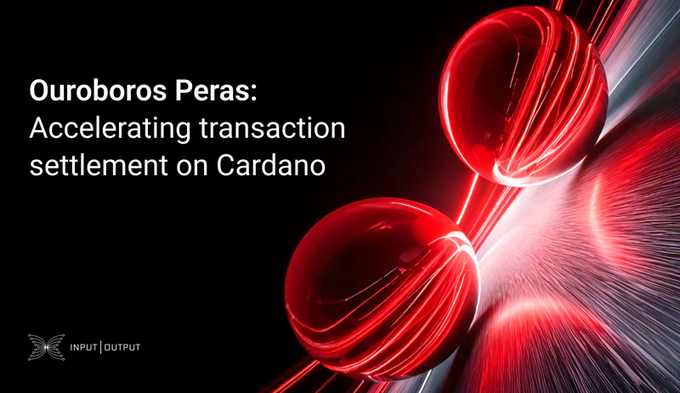 A dark promotional graphic features the title "Ouroboros Peras: Accelerating transaction settlement on Cardano" alongside the Input Output (IOG) logo, with a stylized red and white glowing chain link design representing the Ouroboros protocol. The image visually supports the post's announcement about Cardano's ledger team incorporating Peras protocol parameters as a foundational step toward faster transaction finality on mainnet.