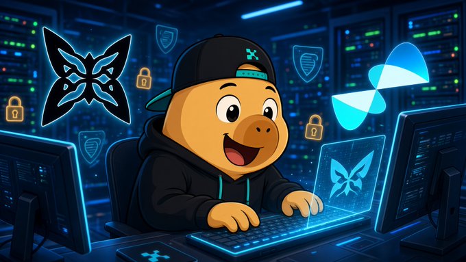 A cartoon bear wearing a backwards cap and hoodie works at a computer surrounded by cybersecurity and cryptocurrency imagery including a butterfly logo and padlocks.