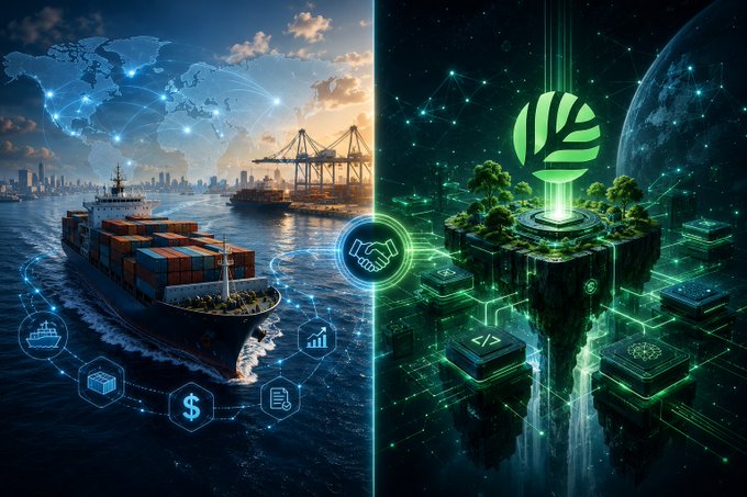 The image depicts a split scene: on the left, a cargo ship sails through global shipping routes with port cranes and financial icons (dollar signs, growth charts) symbolizing the trillion-dollar shipping industry being brought on-chain by @EthraShip, while on the right, a floating digital island with a glowing green leaf emblem and circuit-like pathways represents blockchain infrastructure, with a handshake icon bridging the two halves to signify partnership between traditional trade and decentralized technology.