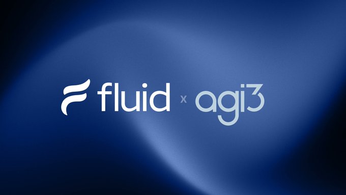 The image displays a partnership announcement graphic on a dark blue background, featuring the "Fluid" logo next to a multiplication symbol (×) and the "agi3" logo, with a stylized F-wave icon to the left. This visual represents the strategic collaboration between Fluid and AGI3, highlighting the institutional ecosystem partnership referenced in the accompanying governance forum post.