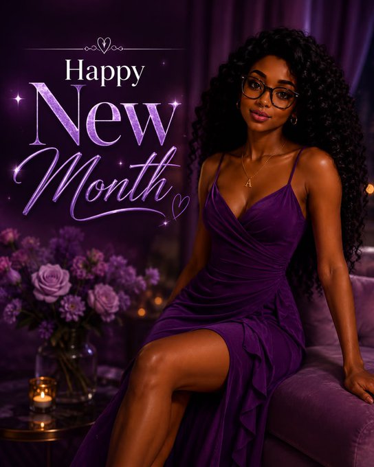 A decorative graphic featuring a woman in a purple dress and glasses sitting beside the text 'Happy New Month' with purple roses and candles.