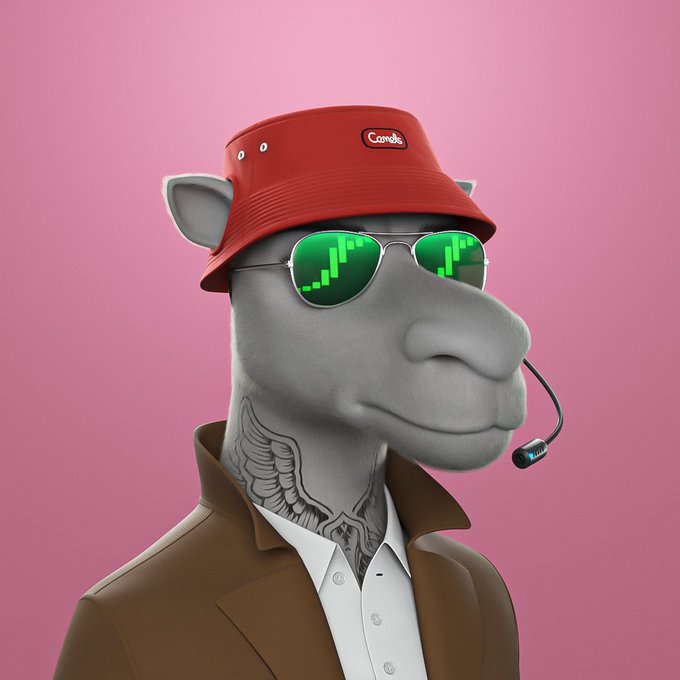 A 3D rendered cartoon character of a gray rhino or hippo wearing a red Crocs bucket hat, green sunglasses reflecting charts, a headset, and a brown suit jacket with tattoos on its neck.