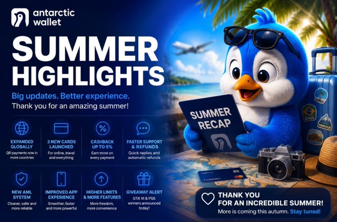Antarctic Wallet's "Summer Highlights" promotional graphic features a cheerful blue penguin mascot wearing sunglasses and holding a "Summer Recap" sign against a tropical beach backdrop with a suitcase and camera. The image lists eight key updates from the summer, including "Expanded Globally" QR payments, "3 New Cards Launched," "Cashback up to 5%," "Faster Support & Refunds," "New AML System," "Improved App Experience," "Higher Limits & More Features," and a "Giveaway Alert" for GTA VI & PS5, tying directly to the post's announcement of expanded international QR payments and new card options for users.