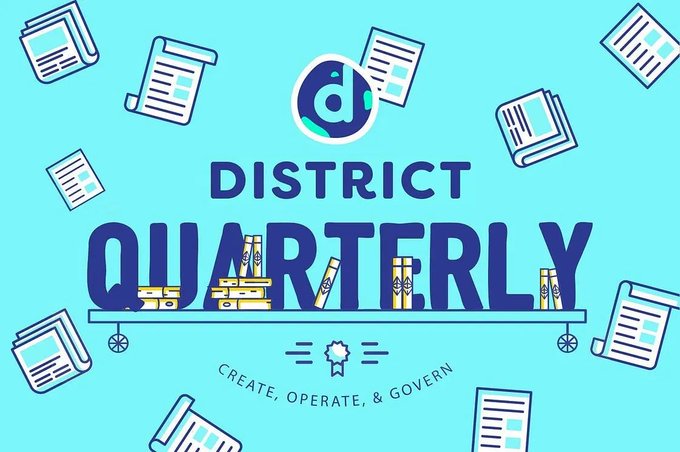 A teal promotional graphic for "District Quarterly" featuring a "d" logo, scattered document icons, and the tagline "Create, Operate, & Govern."