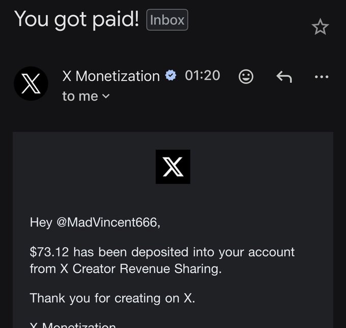 The image shows an X Monetization email notification stating "$73.12 has been deposited into your account from X Creator Revenue Sharing" addressed to @MadVincent666. This relates to the post confirming the creator's X payday, which they used to purchase $169 worth of $BP tokens.