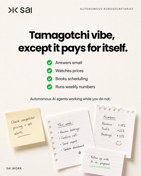 An advertisement for SAI autonomous AI agents, comparing them to a Tamagotchi that 'pays for itself' by handling email, prices, scheduling, and weekly numbers.