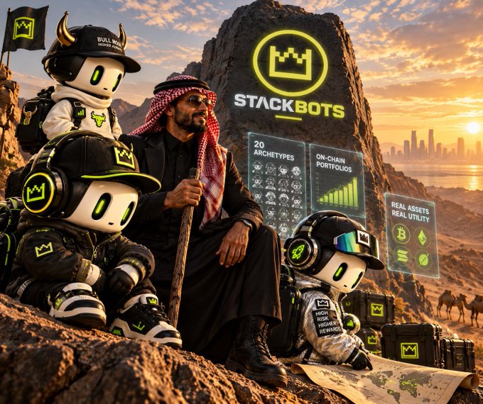 A digital artwork featuring a man in traditional Arab attire sitting on a rocky outcrop alongside three robotic characters wearing "STACKBOTS" branded apparel, with holographic displays showing "20 ARCHETYPES," "ON-CHAIN PORTFOLIOS," and "REAL ASSETS REAL UTILITY."
