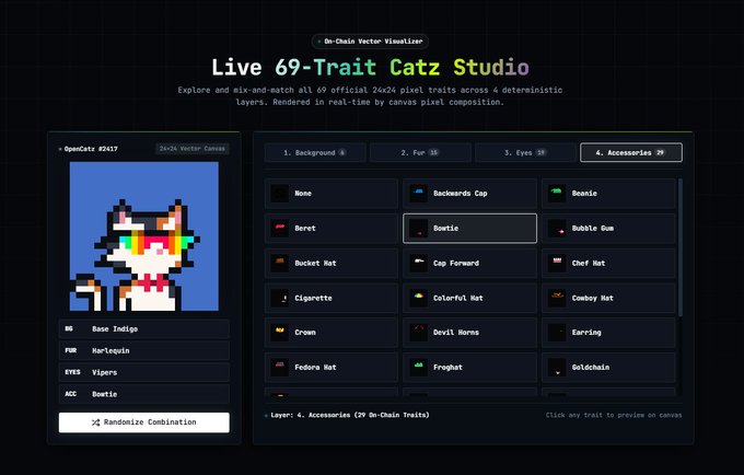 The 'Live 69-Trait Catz Studio' interface by On-Chain Vector Visualizer showing a pixel cat (#2617, Base Indigo, Vipers eyes, Bowtie accessory) with trait selection buttons.