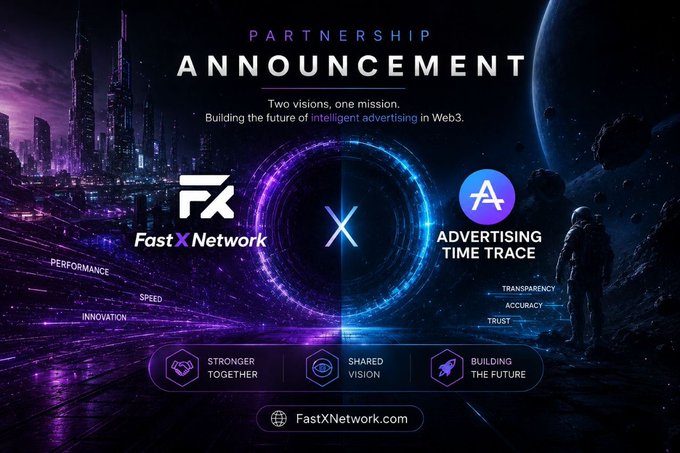A partnership announcement graphic showing the FastX Network (FX) logo on the left and Advertising Time Trace (A) logo on the right, separated by an "X" symbol within a glowing portal against a cosmic backdrop featuring a futuristic cityscape and an astronaut. The image visually represents the strategic collaboration between the two companies, emphasizing their shared mission of "Building the future of intelligent advertising in Web3" through values like performance, speed, innovation, transparency, accuracy, and trust.