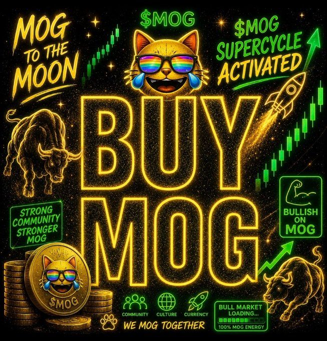A vibrant meme-style promotional graphic for $MOG cryptocurrency featuring a smiling cat with sunglasses, a rocket, bulls, and text reading 'MOG TO THE MOON', 'BUY MOG', '$MOG SUPERCYCLE ACTIVATED', and 'WE MOG TOGETHER'.