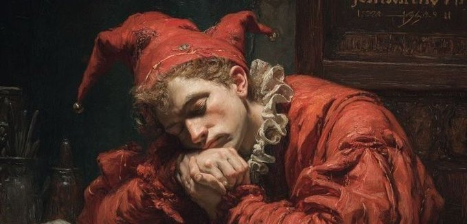 A classical oil painting depicts a melancholic jester in a red and white costume with a horned hat, resting his head on his hands with a sorrowful expression.