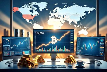Digital illustration of a cryptocurrency trading setup with multiple monitors showing Bitcoin price charts (one displaying 64,000), gold bars, and a world map background.