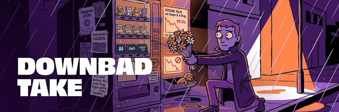 An animated illustration featuring a man kneeling and offering a bouquet of dog-like figures to a vending machine labeled 'Telegram $COIN', with the large text 'DOWNBAD TAKE' overlaid.