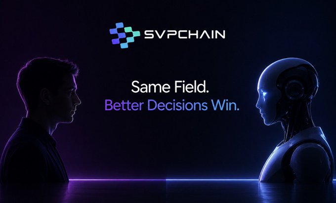 A promotional graphic for SVPCHAIN featuring a silhouette of a human facing a futuristic robot, with the tagline 'Same Field. Better Decisions Win.'