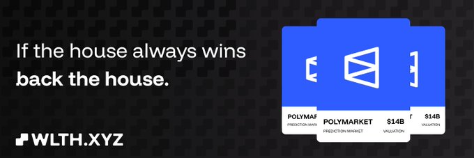 The image features a bold tagline "If the house always wins back the house" alongside WLTH.XYZ branding, with a graphic depicting two Polymarket prediction market cards showing a $14B valuation. The post discusses Polymarket's rising valuation to $15B and ICE's $600M investment, with the image visually tying into the theme of Polymarket becoming the dominant "house" in the prediction market space.