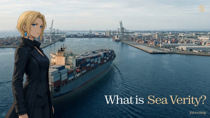 An anime-style blonde character in a black coat superimposed over a port scene with a container ship, with the text 'What is Sea Verity?' and 'Edera Ship'.