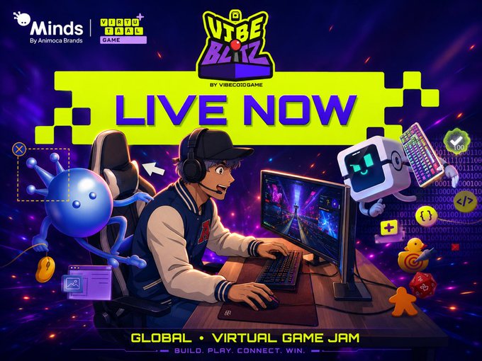 The image is a vibrant promotional banner for "VibeBlitz by VibecodGame," a Global Virtual Game Jam presented by Minds by Animoca Brands. It features pixel-art characters—a gamer at a PC and a robot character—surrounded by bold "LIVE NOW" text, coding icons, and binary code graphics, visually capturing the game's competitive, hackathon-style vibe that aligns with the post's excitement about crafting a fun new 32x32 block game concept.