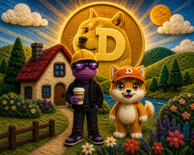 urns of gold, a purple dog with sunglasses, and a brown dog with an orange hat stand on a green lawn, backed by a blue sky and mountains.