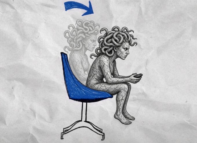 Sketch of a Medusa-like figure with snake hair sitting on a blue chair, holding a phone, with an arrow pointing to her cracked stone appearance.