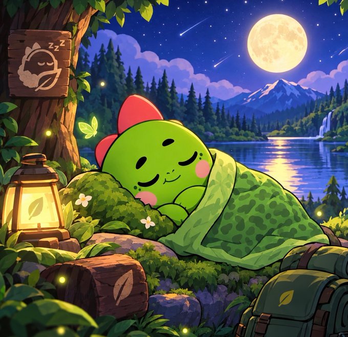 An illustrated scene of a cute green dinosaur-like character sleeping peacefully under a blanket by a lake at night, with a full moon, shooting stars, and a lantern glowing nearby.