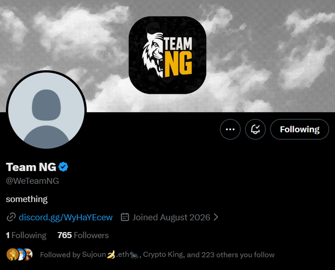 A Twitter/X profile screenshot shows the verified account 'Team NG' (@WeTeamNG) with 765 followers, linking to a Discord server.