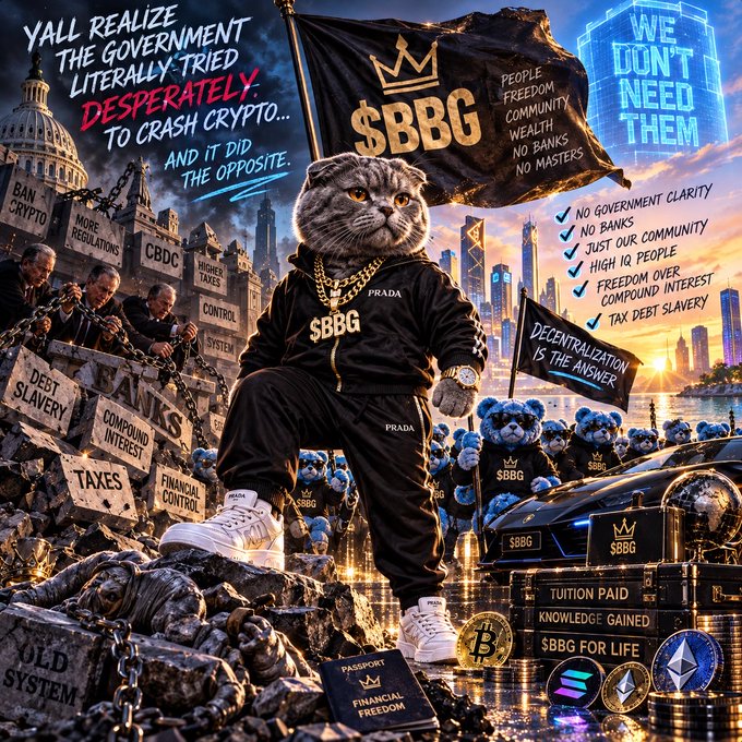 A digital illustration titled '$BBG' featuring a cat in a Prada tracksuit holding a flag with messages about financial freedom, crypto, and decentralization, with checkmarks for 'NO GOVERNMENT CLARITY', 'NO BANKS', 'JUST OUR COMMUNITY', 'HIGH IQ PEOPLE', 'FREEDOM OVER COMPOUND INTEREST', and 'TAX DEBT SLAVERY'.