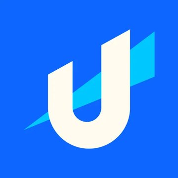 A logo featuring a stylized white letter "U" with a cyan lightning bolt design, set against a solid blue background.