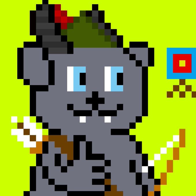 A pixel art image of a gray cat character with blue eyes wearing a green and red hat, standing against a bright green background with a small robot icon.