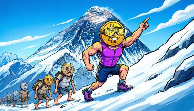 A cartoon illustration showing a muscular Bitcoin character wearing sunglasses leading a line of exhausted, sweating coin characters up a snowy mountain.