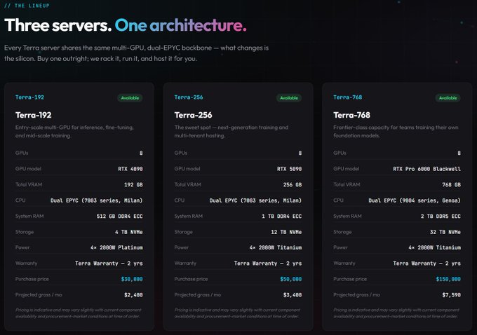 The image displays a computer screen showing various information about three servers from the Terra Compute company, including their names (Terra, Terra-Una, Terra-Una 2) and their models. The first server has a model named "Terra," while the other two are named "Terra-Una" or "Terra-Una 2." The image is accompanied by a caption that provides more details about these servers, suggesting they may be suitable for passive income generation through renting out virtual machines to others.
