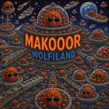 A colorful, psychedelic illustration featuring the text 'MAKOOOR WOLFILAND' surrounded by numerous mushroom-like characters wearing sunglasses, spaceships, and planets.