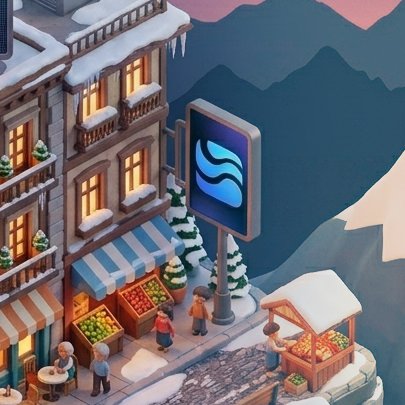 iced-over buildings with snow-covered roofs, a blue sign reading "WATERSIDE" and "MOUNTAINSIDE", and people walking on the street below.