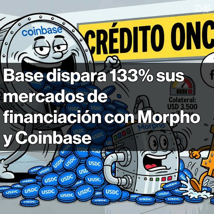 Cartoon illustration featuring a Coinbase vault character and a Morpho machine processing USDC coins, with Spanish text 'Base dispara 133% sus mercados de financiación con Morpho y Coinbase'.