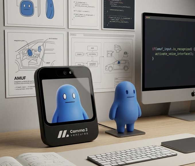 A desk setup featuring a device labeled 'Comma 3 ventures' displaying a blue character, alongside a matching blue figurine and a computer monitor showing code.