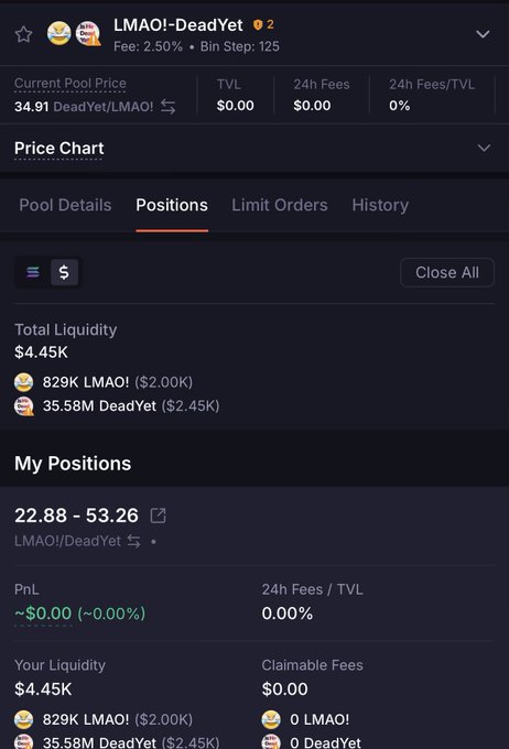 A cryptocurrency trading interface showing an LMAO!/DeadYet liquidity pool with a current pool price of 34.91 DeadYet/LMAO!, 24h fees of $0.00, and user positions totaling $4.45K liquidity (829K LMAO! and 35.58M DeadYet).