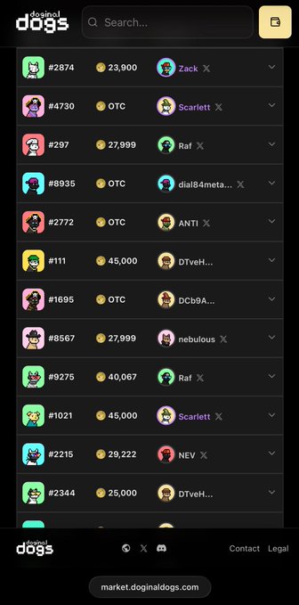 A screenshot of the Doginal Dogs sales tracker displays multiple recent transactions featuring various dog-character NFTs with prices ranging from "OTC" to 45,000, including buyers like Zack, Scarlett, Raf, and ANTI, illustrating the active trading momentum highlighted in the post about rising sales.