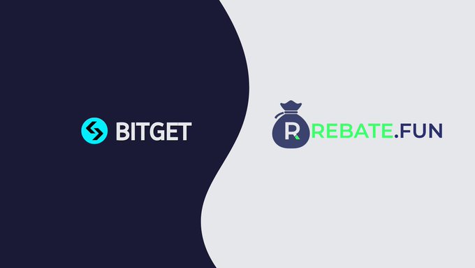 The image features a logo for Bitget and Rebate.fun, which are both related to cryptocurrency trading. The logo consists of two different color schemes - one with blue and white colors, and another with black and white colors. Both logos display the same text "Rebate.Fun" in their respective color schemes. The image also includes a small image of a bag labeled "RESTART".