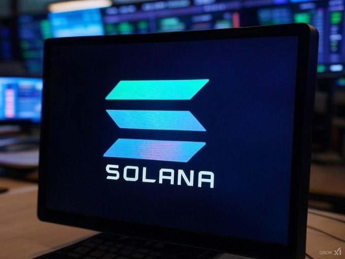 The image features a laptop screen displaying the logo of Solana, an Ethereum-based cryptocurrency. The Solana logo consists of three vertical lines connected by a horizontal line, with the word "Solana" written below it. The background of the image shows a computer monitor and keyboard, suggesting that this is likely taking place in a workspace or office setting. The post about Solana also mentions its connection to tokenized real-world assets, which could be related to the Ethereum blockchain technology used by Solana.