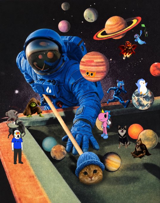 A surreal digital collage shows an astronaut playing a cosmic version of billiards, with a cat in a blue beanie as the cue ball and various cartoon figures and planets scattered across a space-themed pool table.