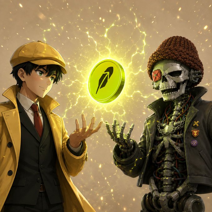 An anime-style illustration depicting a young man in a yellow coat and cap facing a cyborg skeleton wearing a brown beanie, with a glowing green coin between them emanating yellow energy.