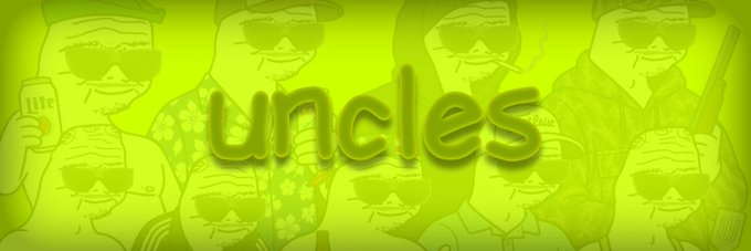 A vibrant green banner featuring a repeating pattern of cartoon uncles wearing sunglasses and holding various items like phones and drinks, with the word "uncles" displayed prominently in bold text at the center. The playful illustration ties into the post's theme by visually representing the "Uncs" concept being introduced as a collective identity for the Robinhood blockchain community.
