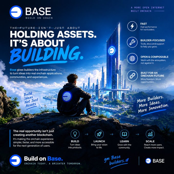 A promotional poster for BASE blockchain with text 'HOLDING ASSETS. IT'S ABOUT BUILDING' and features like Fast, Builder-Focused, and Open & Composable.