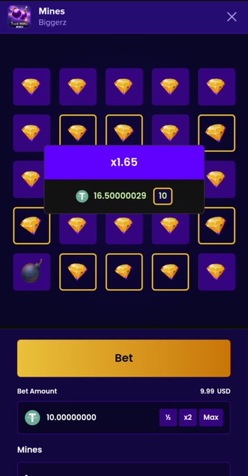 A mobile screenshot of a 'Mines' gambling game called 'Biggerz' featuring a grid of diamond icons, with a payout of 'x1.65' showing '16.50000029' next to a '10' button, and a 'Bet' amount of '10.00000000' USD.
