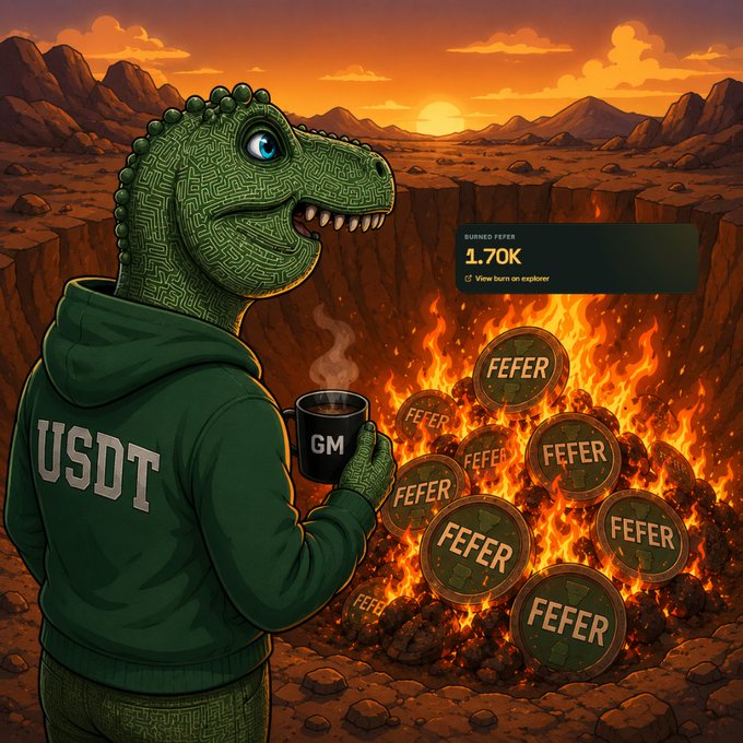 A digital illustration shows a green dinosaur wearing a 'USDT' hoodie holding a 'GM' coffee mug, watching 'FEFER' tokens burn in a fiery pit, with a small interface displaying 'BURNED FEFER 1.70K' and 'Views burn on explorer'.