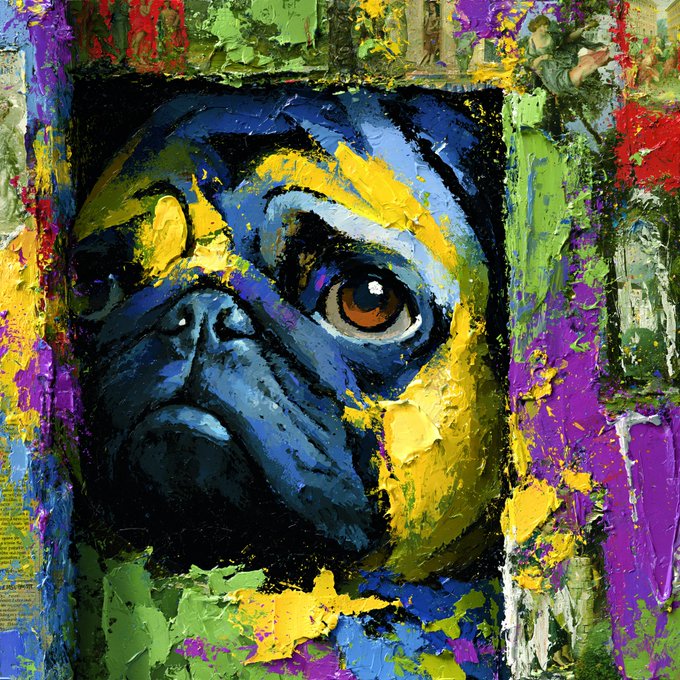 A vibrant, expressionist oil painting portrait of a pug rendered in bold blues and yellows with a colorful collage-like background.
