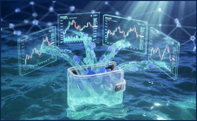 A digital artwork depicts a glowing treasure chest emerging from water, with water and blue coins splashing upward, surrounded by four floating holographic screens displaying financial candlestick charts.