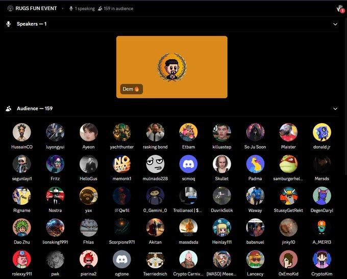 The image shows a Discord event titled "RUGS FUN EVENT" with 1 speaker and 159 audience members in attendance, supporting the post's claim about Rugs Fun's strong community presence. The single speaker, labeled "Dem," is displayed prominently above a grid of audience avatars with usernames like HusseinCO, layongvul, and Ayeon, illustrating the engaged community backing the platform.