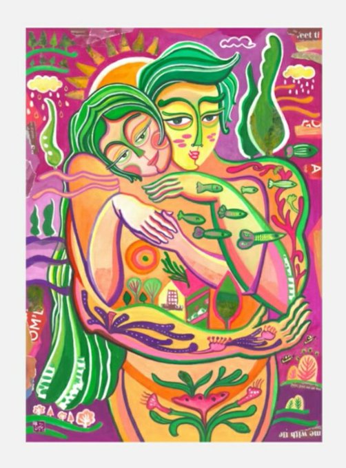 A vibrant, colorful painting of two figures with green hair embracing, adorned with internal decorative patterns of fish, houses, trees, and flowers, with text including 'my soul' and 'me with ur'.