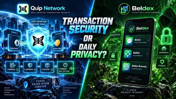 An advertisement comparing 'Quip Network' (post-quantum transaction security) and 'Beldex' (privacy for a freer tomorrow), highlighting features like 'TRANSACTION SECURITY OR DAILY PRIVACY' with chain swap diagrams and a smartphone interface.